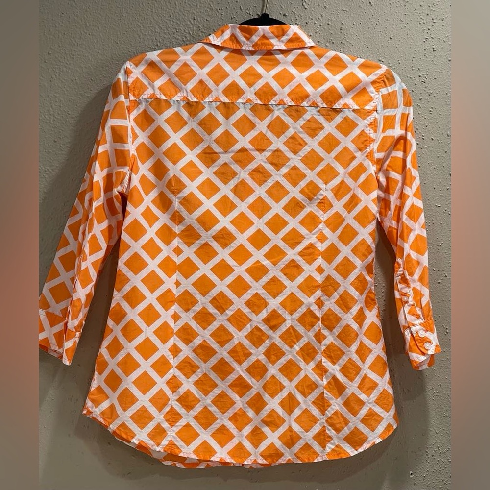 JC Penney Women's Orange White Lattice Pattern Long Sleeve Shirt Top Blouse; MP - Picture 3 of 8